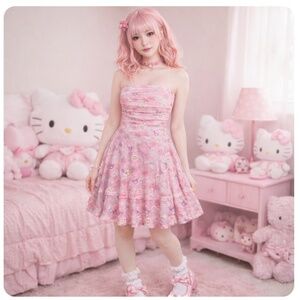 HOT TOPIC Hello Kitty And Friends Floral Tiered Strapless Dress Jrs Medium